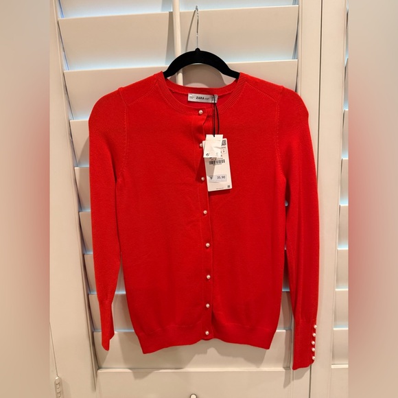 Zara Sweaters - ZARA KNIT Red Pearl Button Cardigan Sweater - Coral Red Size S